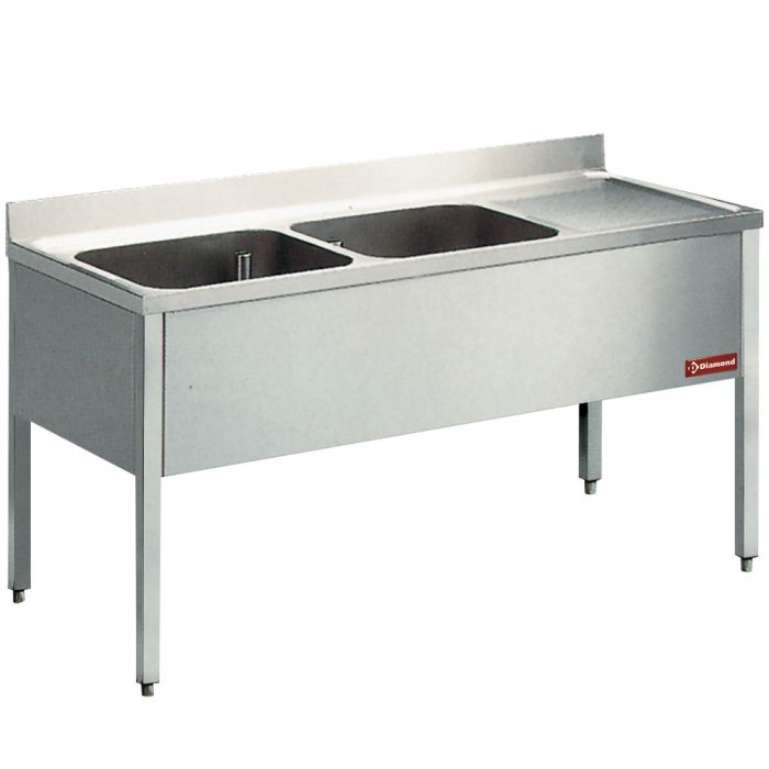 Spültisch 2 Becken, Abtropffläche auf der rechten Seite, mit Undergestell - L1620D-KD-D-1