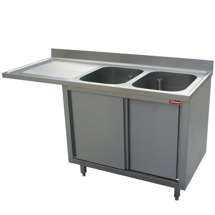 Spüle mit 2 Becken,Ablauf links, aus Schrank mit 2 Schiebetüren und Platz für Spülmaschine - L1821VS-AS-D-1