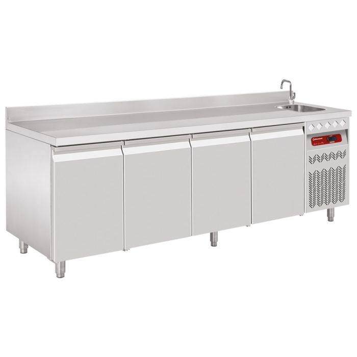 Umluft- Kühltisch "für die Wand", 4 Türen GN 1/1,  550 Lit. mit Spüle - DT224/P9A_EV-1