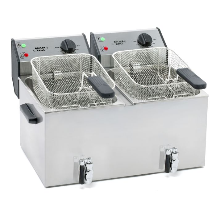 ROLLER GRILL Fritteuse mit zwei Becken, mit Ablasshahn, 2 x 8 Liter, Abmessung 590 x 450 x 370 mm (BxTxH)-1