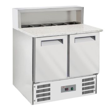 Pizzatisch 2 Türen, Granit-Arbeitsplatte & Kühlaufsatz (5x GN 1/6), 90 cm breit (Kompakt), GN 1/1 Kühlung, R600a