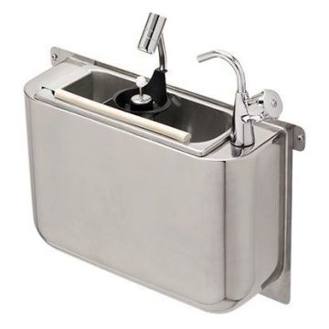 SPÜLBECKE FÜR EISLÖFFEL MIT WASSERHAHN UND EISLÖFFELDUSCHE 410X120X270  MIT WASSERABLAUFLOCH, WASSERANSCHLUSS UND ÜBERLAUFROHR