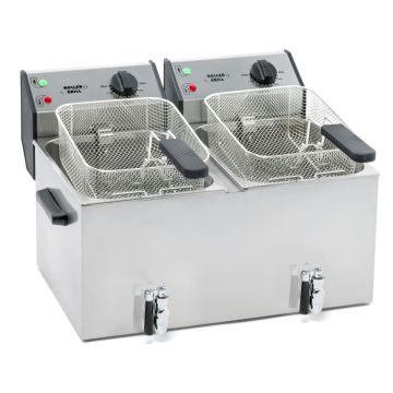 ROLLER GRILL Fritteuse mit zwei Becken, mit Ablasshahn, 2 x 8 Liter, Abmessung 590 x 450 x 370 mm (BxTxH)