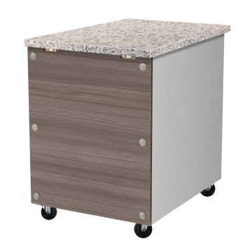 Kassentisch aus Edelstahl, Granit rosa-grau, mit Holzverkleidung, 80 x 82